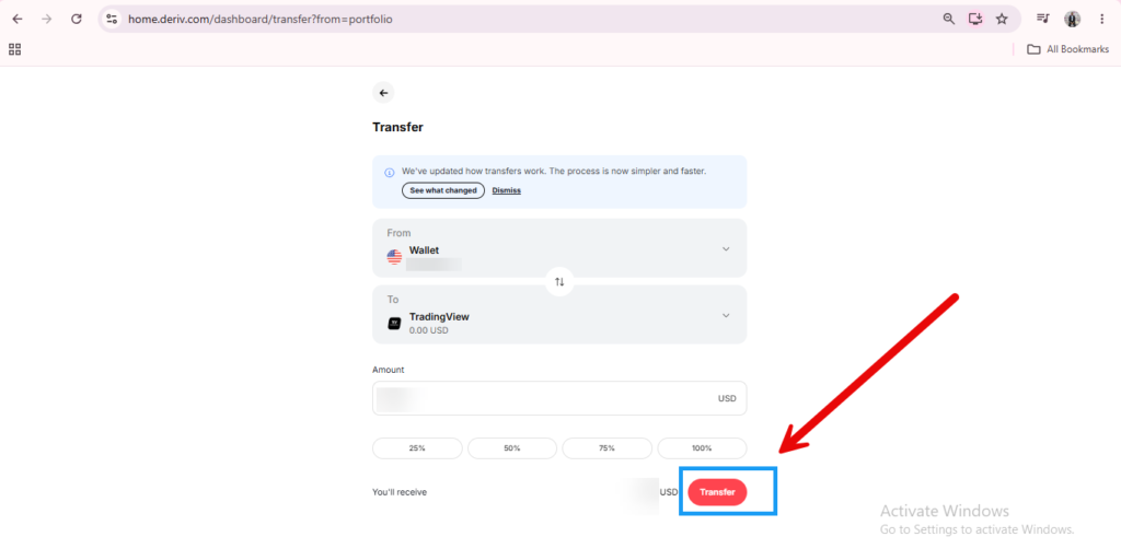Screenshot of a transfer page showing a Deriv Wallet transfer, with currency being moved from a wallet to TradingView, and an arrow pointing to the red “Transfer” button at the bottom right.