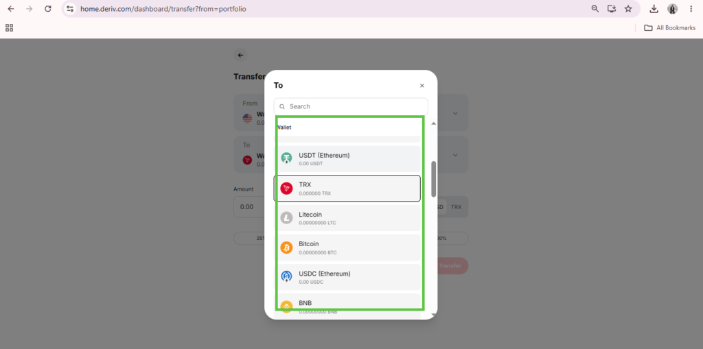 A cryptocurrency transfer screen displays a list of coins including USDT, TRX, Litecoin, Bitcoin, USDC, and BNB, with TRX highlighted. The user appears to be selecting a cryptocurrency to transfer—an example of Deriv Wallet features in action.