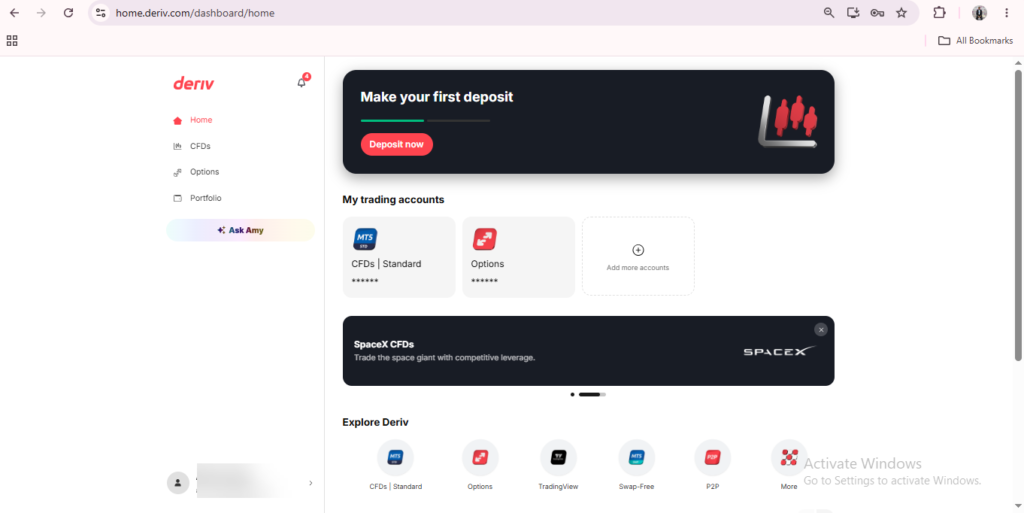 Deriv landing page featuring a “Make your first deposit” banner, trading account options for CFDs and Options, a prominent SpaceX banner, and navigation icons for different features—all set against a clean white background. This Deriv website layout provides users with an intuitive overview of available tools and highlights essential actions to get started efficiently.