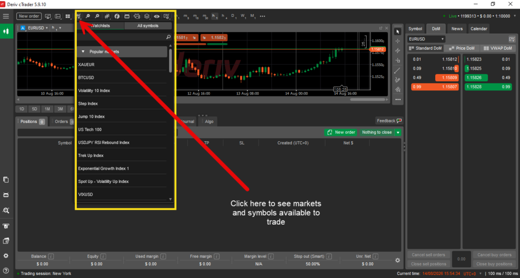 A screenshot of Deriv Trader with a dropdown menu showing various markets and symbols, highlighted by a yellow box and a red arrow pointing to it. Text instructs to click here to see available markets and symbols, offering an easy introduction for those wondering what is Deriv cTrader or looking for Deriv cTrader explained step-by-step.