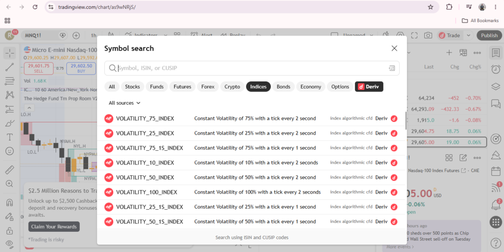A screenshot of TradingView’s symbol search window showing multiple VOLATILITY_75_INDEX search results, each labeled with “constant volatility” and update frequency, against a chart background—highlighting the seamless Deriv TradingView connection that allows users to trade Deriv from TradingView and manage their positions efficiently.