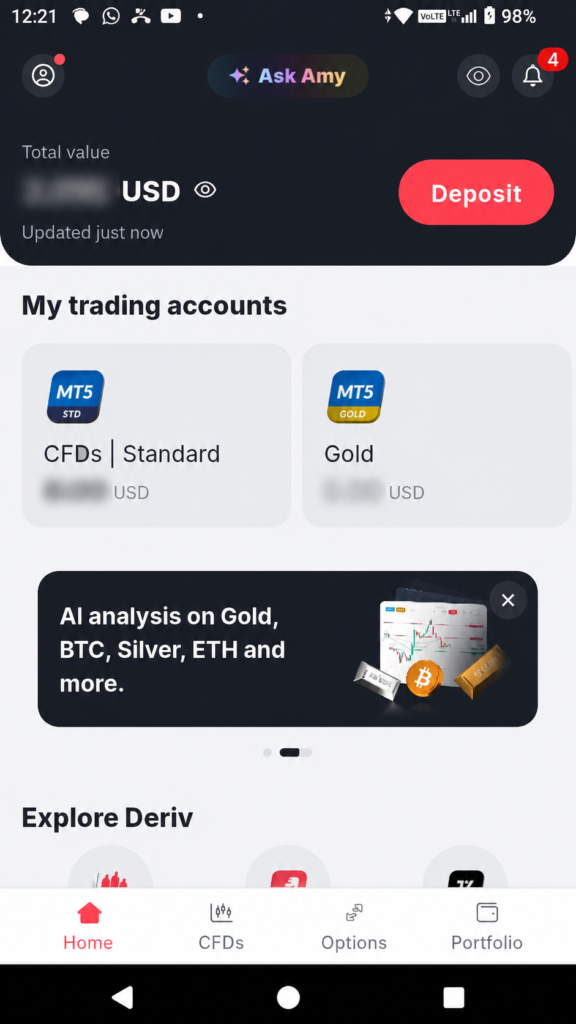 Mobile trading app dashboard displaying account types, total value in USD with an easily accessible Deriv account balance location, a “Deposit” button, AI analysis banner for Gold, BTC, Silver, and ETH, plus a navigation menu featuring Home, CFDs, Options, and Portfolio tabs—making it simple to check Deriv balance or view your Deriv Wallet balance at a glance.