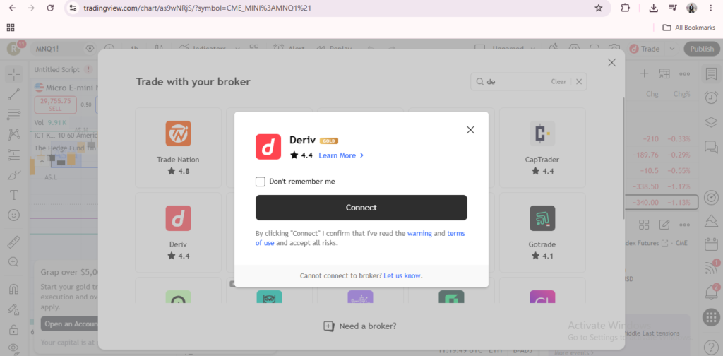 A pop-up window on TradingView prompts users to connect Deriv to TradingView, showing ratings, terms, and a “Connect” button. The background displays other broker options, partially blurred. This seamless Deriv TradingView connection lets traders conveniently access all features in one place.