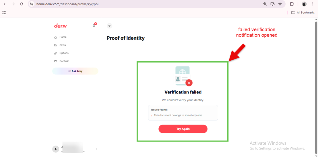 A computer screen shows a “Verification failed” notice on a website, stating “This document belongs to somebody else.” A red arrow points to the message with the label “failed verification notification opened.” The image highlights how Deriv account notifications, such as failed verifications, can be viewed through the Deriv notification bell.