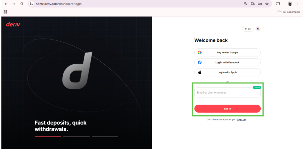 Login page for Deriv, showing options to log in with Google, Facebook, or Apple, plus a form to enter email or phone number and password. For your safety, enjoy features like Deriv account security logout and convenient access for fast deposits and quick withdrawals.