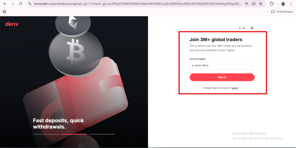 A signup page for Deriv, matching the streamlined Deriv website layout, presents a form to join over 3 million global traders. It features a country selection dropdown and a prominent red “Sign up” button. Bitcoin and folder icons are displayed on the left, alongside text highlighting fast deposits and withdrawals.