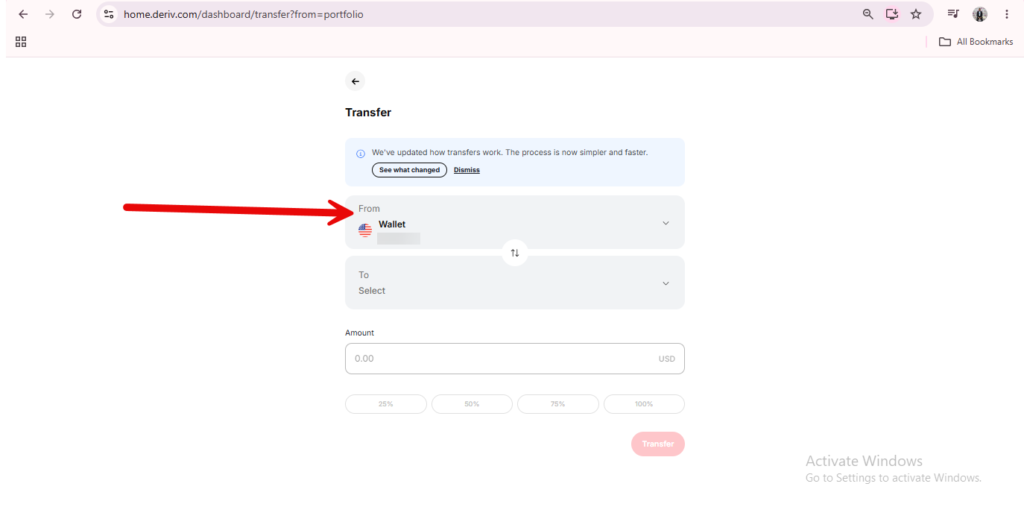 A red arrow points to the “From Wallet” section on a digital transfer webpage, showing the selection area for choosing the source of funds when you want to move money Deriv Wallet or initiate a Deriv currency conversion transfer.