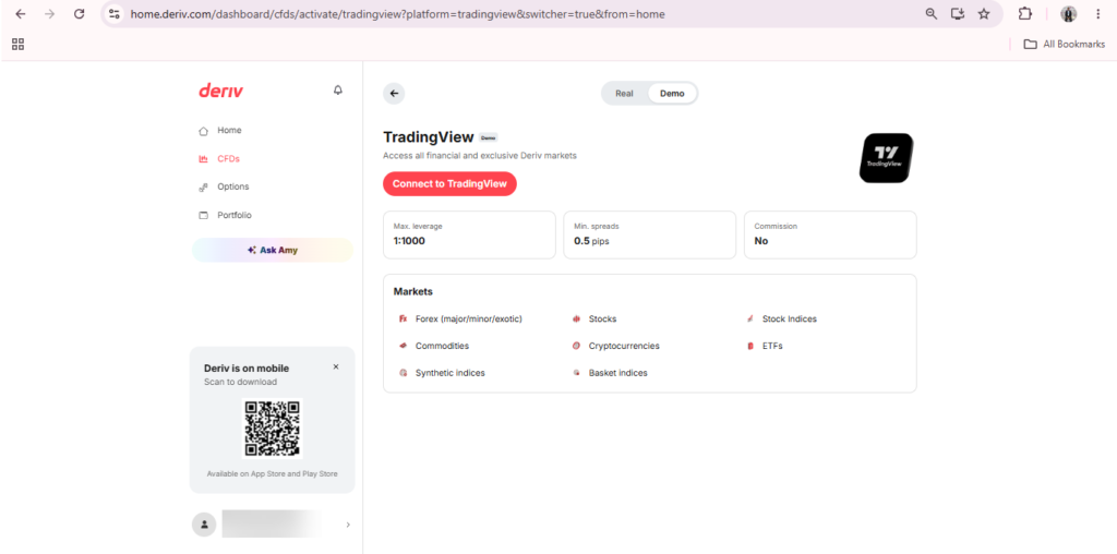 Deriv trading dashboard showing seamless TradingView integration, market options like stocks, crypto, commodities, and a QR code for Deriv’s mobile app on the left panel. The screen highlights platform features and account info, making it easy to link your Deriv account to TradingView for a streamlined trading experience.