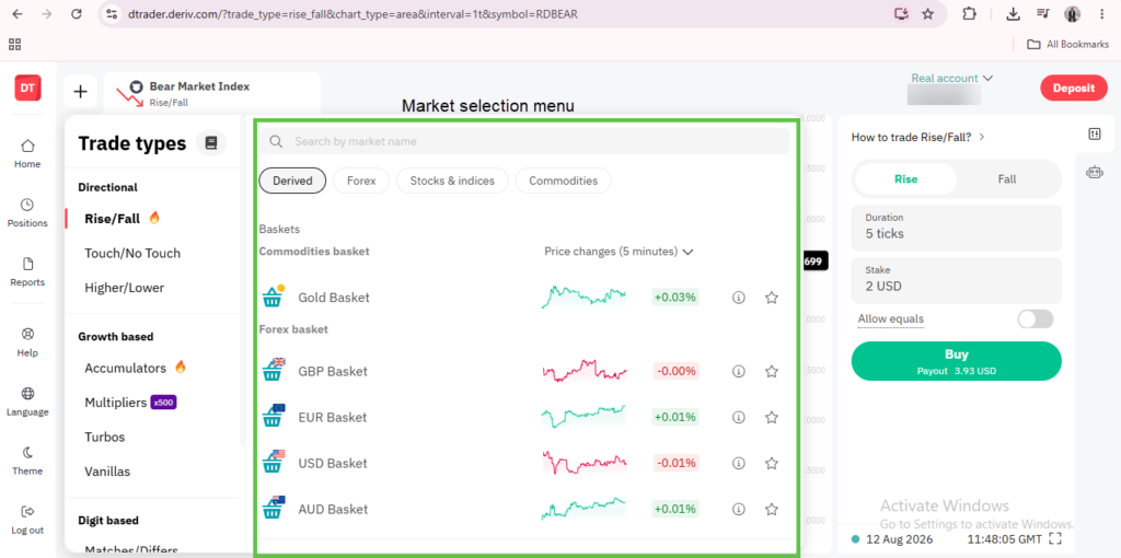 A trading platform screen showing a ‘Market selection menu’ with various Forex baskets listed, each displaying a small icon, currency type, and percentage change highlights one of the intuitive Deriv Trader features. The ‘Buy’ button is visible on the right, making market access quick and efficient.