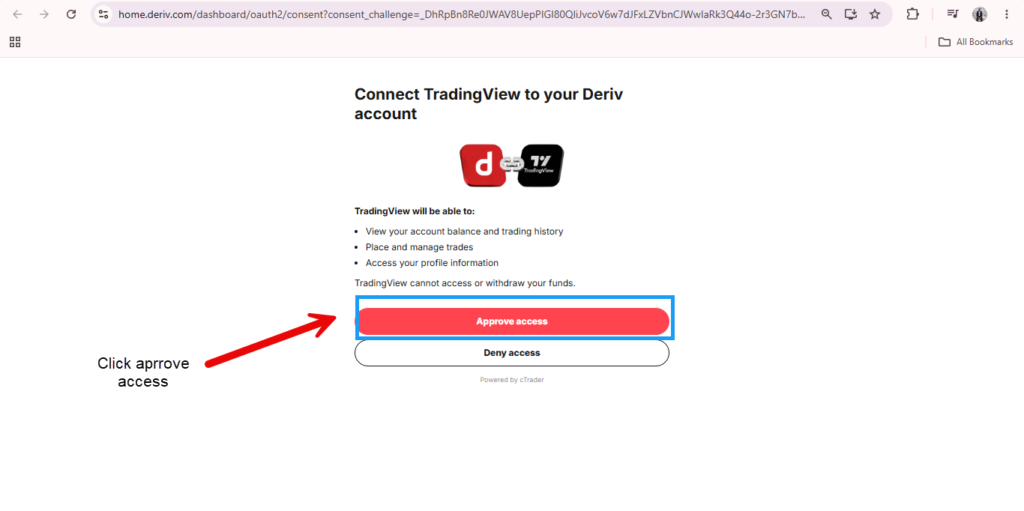 A screenshot shows a Deriv and TradingView connection page, illustrating the Deriv TradingView setup. A red “Approve access” button is highlighted with a red arrow and the label “Click approve access.” The page explains the permissions granted.