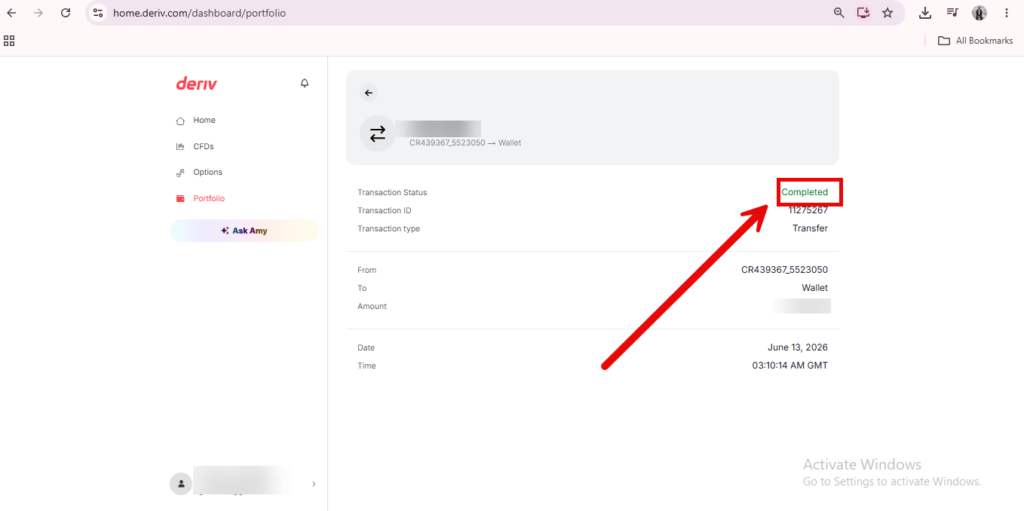 A portfolio dashboard shows a transaction summary with status marked “Completed” in blue, highlighted by a red box and arrow. Other transaction details are blurred for privacy.