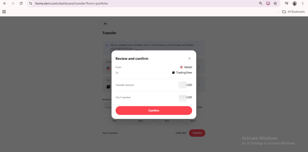 A pop-up window on a transfer page shows options to transfer funds from Wallet to TradingView, with fields for transfer amount and amount received, plus a red “Confirm” button. This seamless process highlights how Deriv Wallet works, making fund management between your accounts effortless and intuitive.