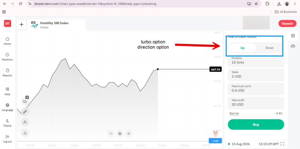 A trading interface showing a line chart, an “Up” and “Down” turbo option selection, trade amount, payout, and profit info on the right, with a red arrow pointing to option buttons.