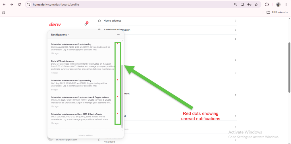 A screenshot of Deriv’s notifications panel with red dots next to each message. A green arrow points to the dots, labeled “Red dots showing unread notifications.” The browser window displays the dashboard/profile page, highlighting how you can easily view Deriv alerts and stay updated with your Deriv account notifications.