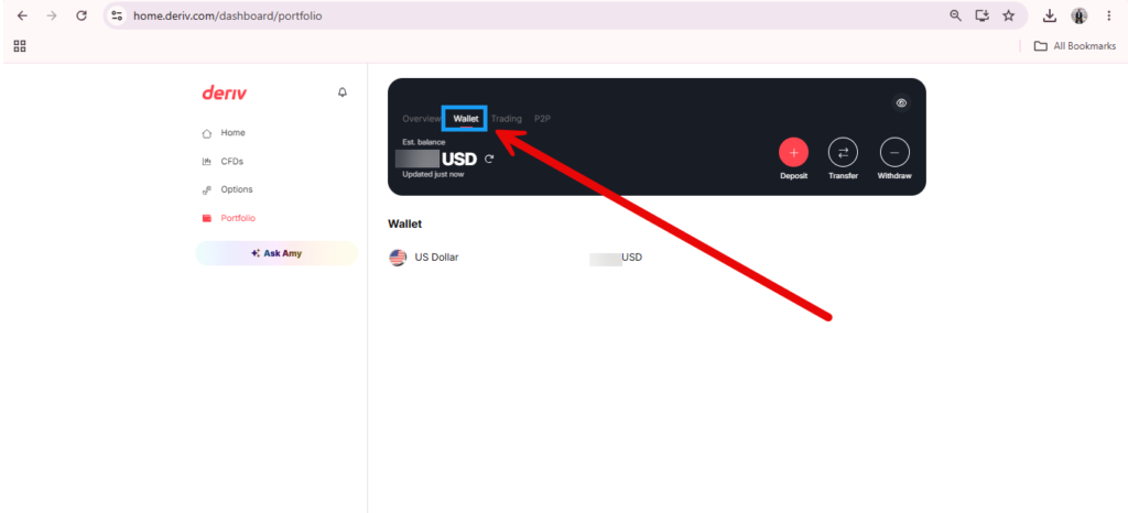 A screenshot of a Deriv portfolio dashboard with a red arrow pointing to the “Wallet” tab at the top of the balance section, illustrating how does Deriv Wallet work. The USD balance is shown, and both the browser tab bar and sidebar menu are visible.