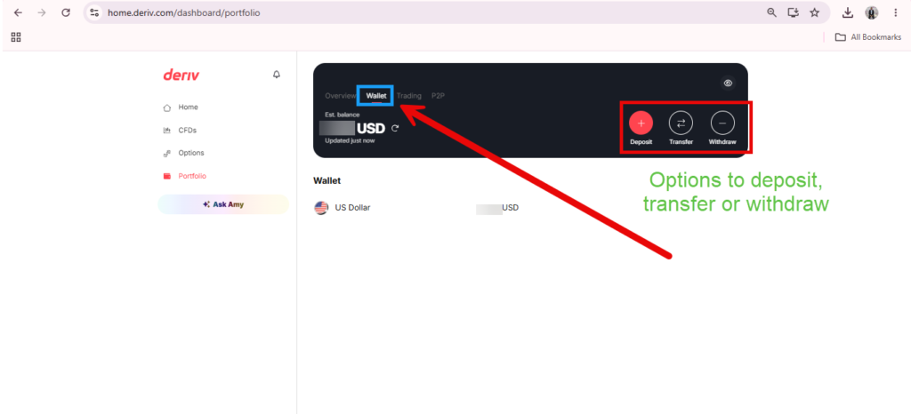 Screenshot of a Deriv dashboard showing the Wallet tab. A red arrow points to options for Deposit, Transfer, or Withdraw, labeled in green text on the right. The balance in USD is displayed in the center, providing a clear visual of how Deriv Wallet works and highlighting key Deriv Wallet features for managing your funds efficiently.