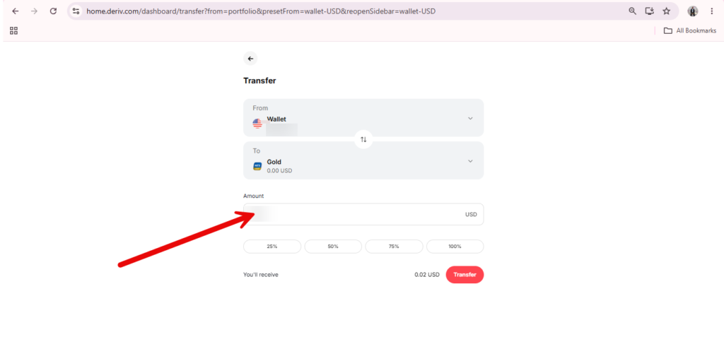 A red arrow points to the “Amount” input field on a transfer page, where users can enter a USD value to transfer funds Deriv Wallets or move money Deriv Wallet from a wallet to a gold account.