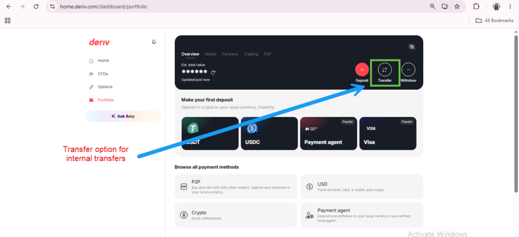 Screenshot of Deriv dashboard with a blue arrow pointing to the “Transfer” button, highlighted in green. Text in red reads “Transfer option for internal transfers.” Various payment options are displayed below, illustrating how to manage Deriv Wallets and navigate between balances seamlessly.
