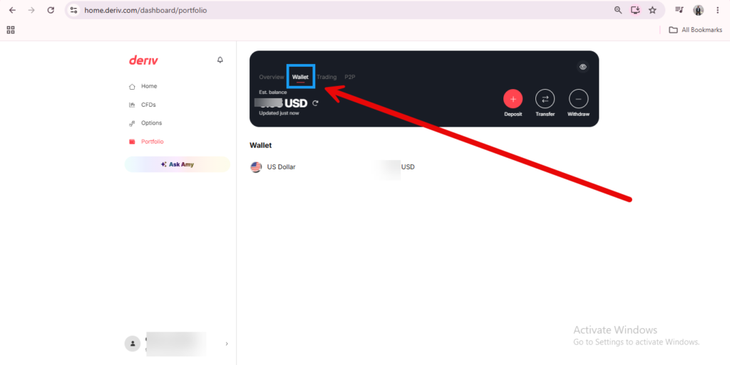 A red arrow points to the “Wallet” tab on a portfolio dashboard screen of the Deriv website, highlighting where to view Deriv Wallet details and check Deriv balance. The page shows options for Deposit, Transfer, and Withdraw.