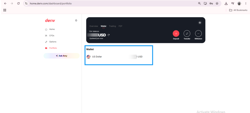 A portfolio dashboard displaying a wallet with a USD balance, seamlessly integrating Deriv multiple Wallets for efficient management. Options on the left menu include Home, CFDs, Options, and Portfolio. At the top right, you’ll find buttons for Deposit, Transfer, Withdraw, and an intuitive Deriv Wallet currency switch to help you manage Deriv Wallets with ease.