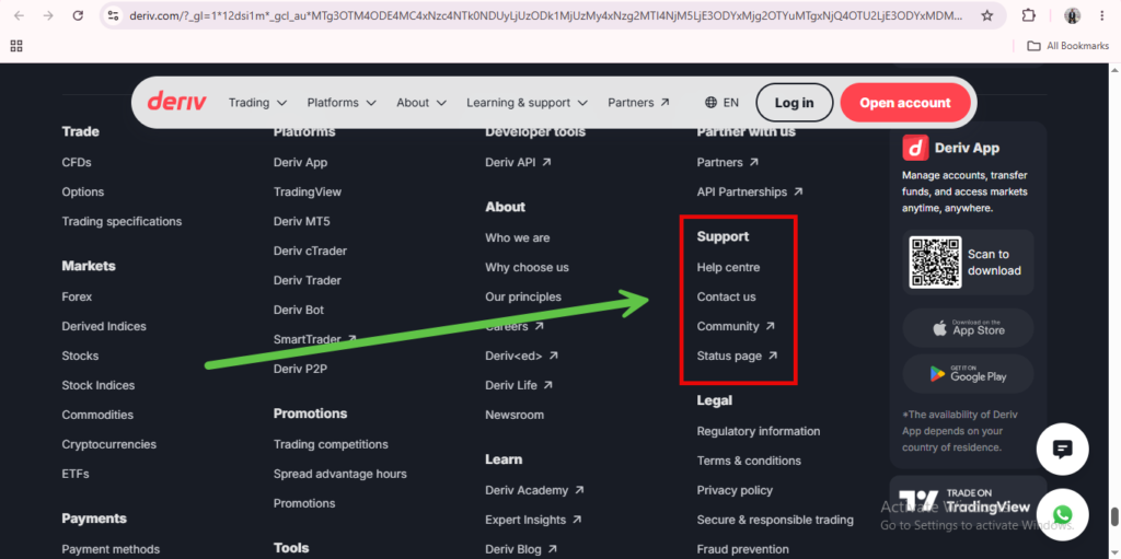 Screenshot of the Deriv website’s footer menu. A green arrow points from “SmartTrader” under Markets to “Support” options—including Help Centre, Contact us, Community, and Status page—outlined in a red box. This visual helps users understand Deriv.com navigation and easily locate key resources from the Deriv home page.