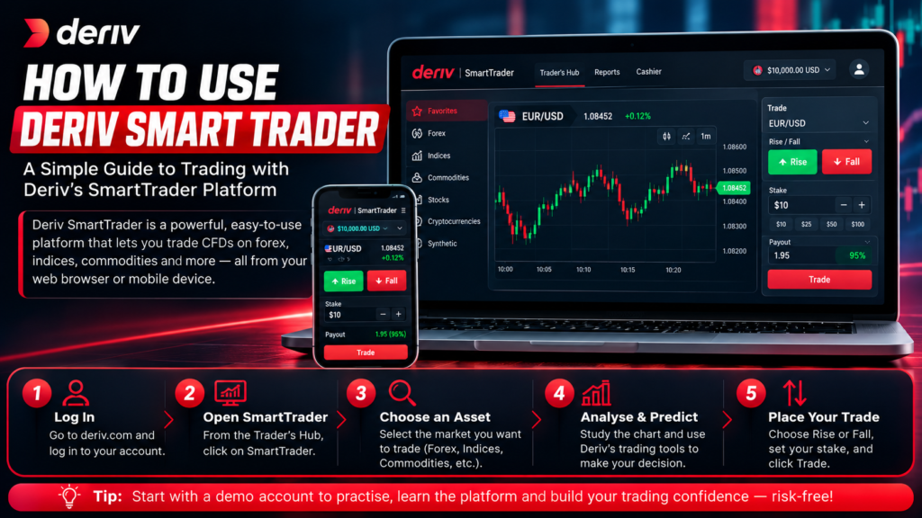 Deriv trading platform guide: steps to log in, open SmartTrader, choose assets, analyze, and place trades. Shows mobile and desktop screens with trading charts and instructions. Red, black, and white design.