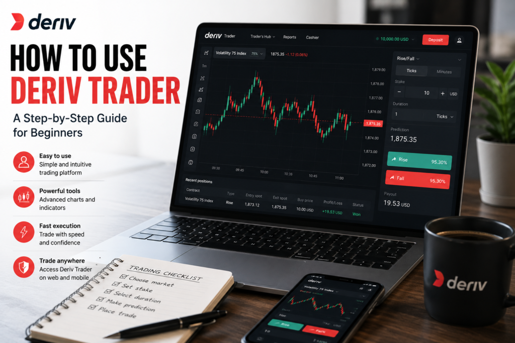 A laptop and smartphone display trading charts on Deriv Trader. Text explains how to use Deriv Trader, highlighting the platform’s simplicity, powerful tools, and fast execution. A mug, notepad, and pen are on the table.