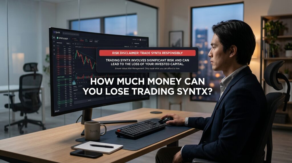 A man sits at a desk in an office, analyzing financial charts on a large monitor. Suddenly, a warning about trading risk appears, prominently displaying the question: “How much money can you lose trading SyntX?”.