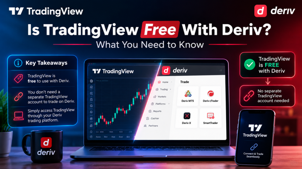 A laptop and phone display TradingView and Deriv interfaces. Text explains that TradingView is free with Deriv—no separate TradingView account is needed. Key points, including “is tradingview free with deriv,” are highlighted with icons and colorful backgrounds.