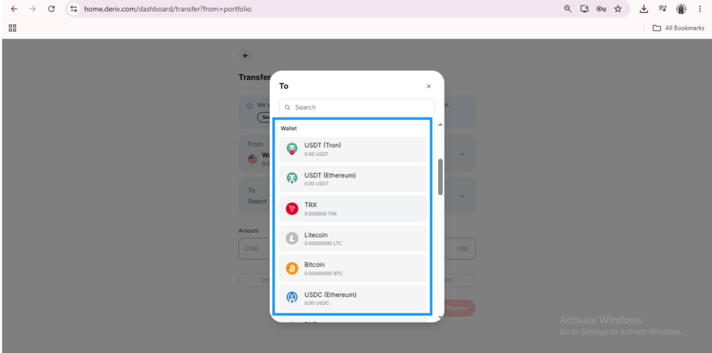 A browser window shows a crypto wallet transfer page. A pop-up lists wallet options—USDT (Tron), USDT (Ethereum), TRX, Litecoin, Bitcoin, and USDC (Ethereum)—each with icons and balances, making Deriv Wallet currency switch smooth and intuitive.