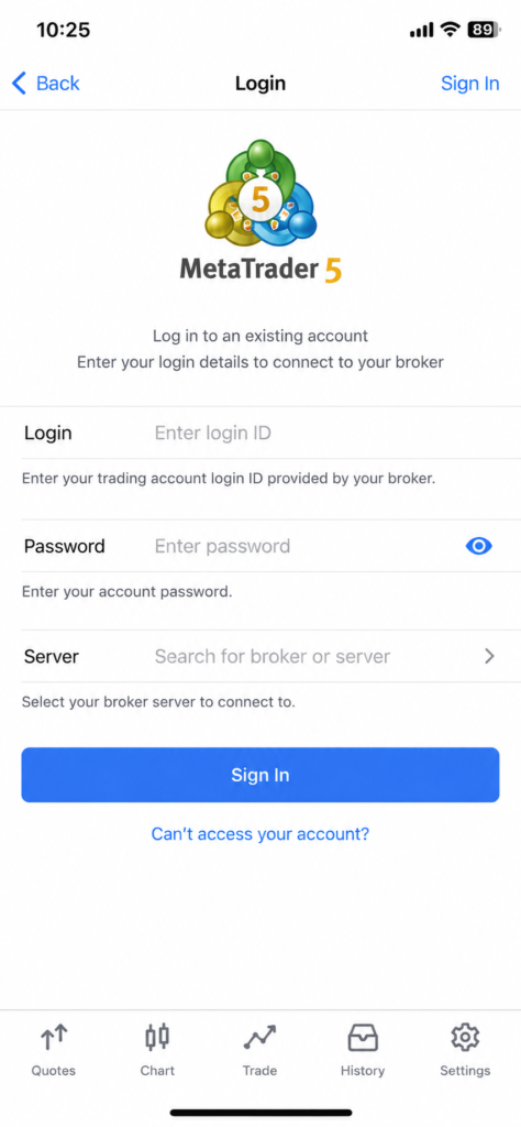 MetaTrader 5 login screen on a mobile device showing fields for Login, Password, Server, and a blue “Sign In” button, with navigation icons at the bottom—an interface similar to the MT5 mobile setup Deriv offers through the Deriv MT5 iOS app.