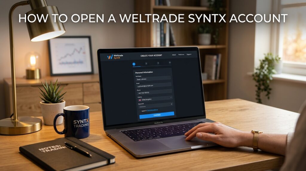 A person fills out a Weltrade Syntx account form on a laptop at a desk with a cup, notebook, and lamp. Text above reads, “HOW TO OPEN A WELTRADE SYNTX ACCOUNT,” providing clear instructions for anyone interested in learning how to open a Weltrade Syntx account.