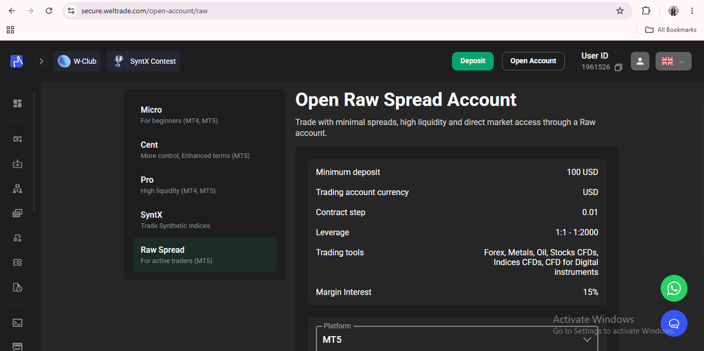 A screenshot of a trading platform’s “Open Raw Spread Account” page, displaying essential account details such as minimum deposit, trading tools, margin interest, and account types on a sleek dark-themed interface. This overview emphasizes the advantages of the Weltrade Raw Spread account—an ideal choice for traders seeking a tight spread trading account. The clear comparison between Raw Spread vs Pro and concise information on each Weltrade.