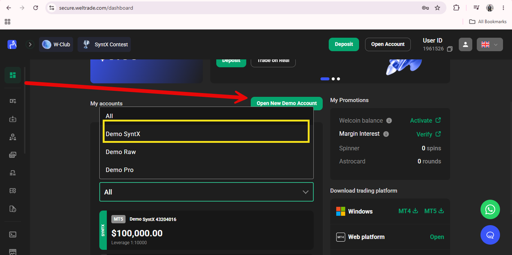 A web dashboard with an arrow pointing to the “Open New Demo Account” button. Below, a yellow box highlights “Demo SynTX” in the account list, perfect for users interested in exploring the new MT5 SyntX account. Other interface elements include balances, promotions, and trading platforms.