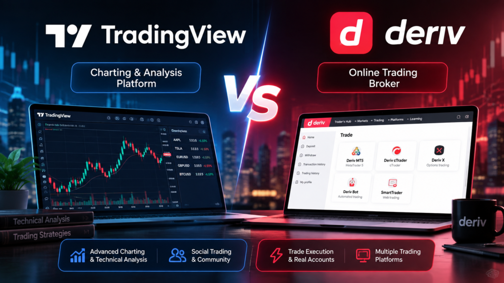 Two laptops sit side by side; the left displays the TradingView charting platform, while the right features the Deriv trading broker site. Against a dark backdrop illuminated by city lights, text and icons highlight each platform’s features, emphasizing their unique strengths in this TradingView vs Deriv comparison. A bold “VS” stands prominently in the center.