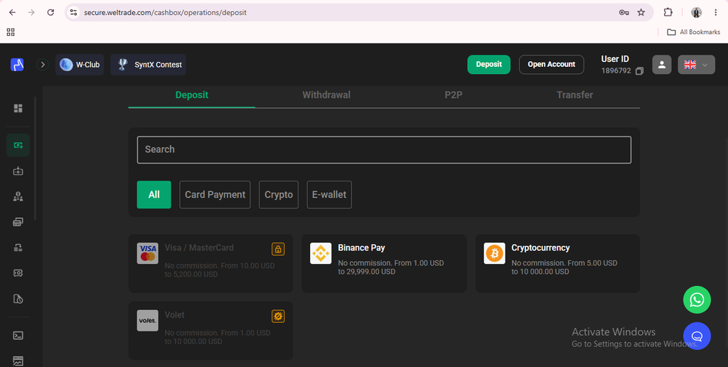 A banking webpage displays various Weltrade deposit and withdrawal options, including Visa, Binance Pay, Cryptocurrency, and Violet. Tabs for Withdrawal, P2P, and Transfer are also visible, all set within a sleek dark-themed interface. This setup allows users to conveniently explore different Weltrade payment methods alongside essential features like checking the Weltrade minimum deposit or estimating Weltrade withdrawal time.
