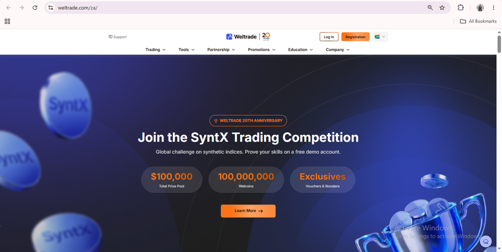 Screenshot of the WeTrade website homepage showing the SyntX Trading Competition banner with prize info, “Learn More” button, and navigation bar. Blue circular Synx icons are visible on the left and right sides of the image.