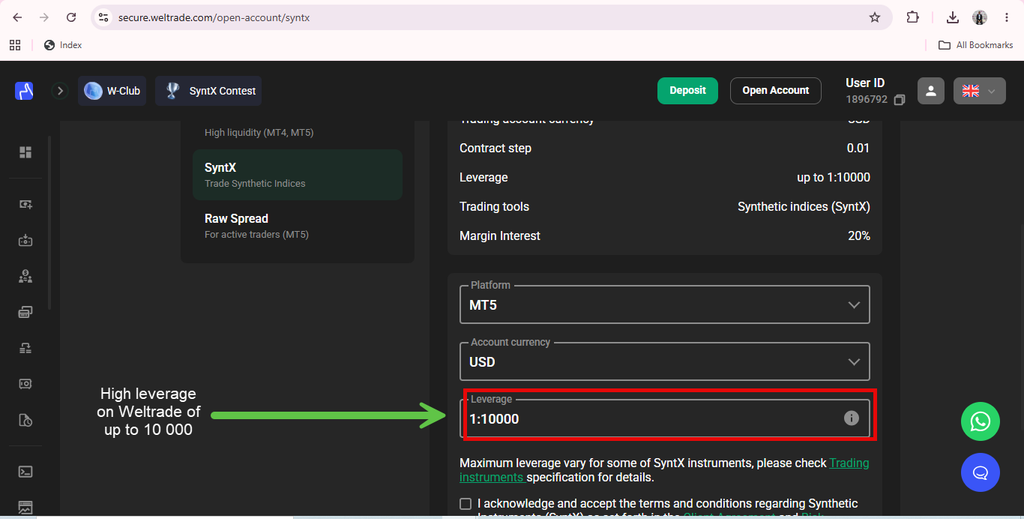 A screenshot of the Weltrade account setup page highlighting a leverage option of 1:10000, with a green arrow and text noting “High leverage on Weltrade of up to 10 000.” Perfect for traders interested in best synthetic indices broker options or seeking a synthetic indices broker comparison such as SyntX vs Deriv.