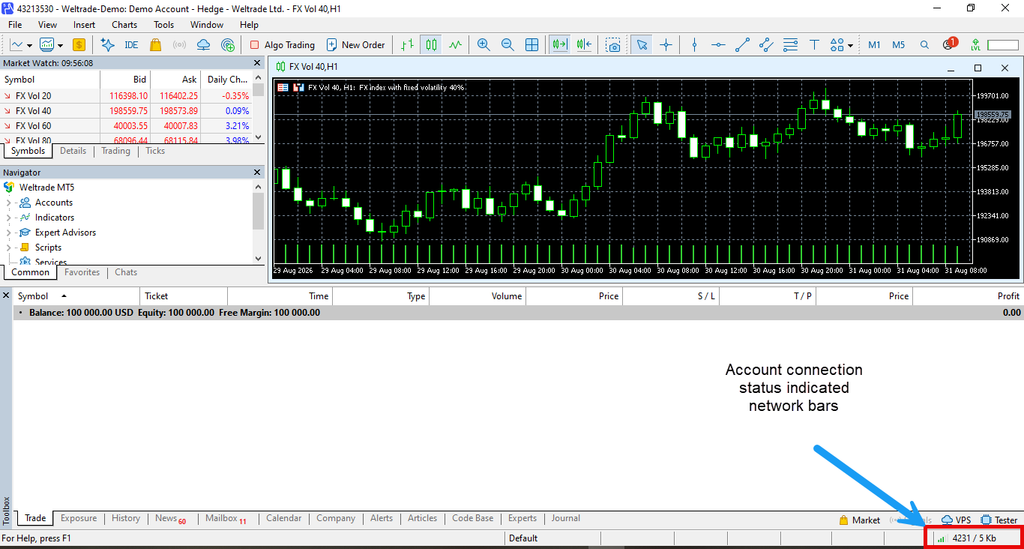 A screenshot of trading software shows a candlestick chart, account details, and an arrow pointing to the lower right corner, highlighting the account connection status with green and red bars—the interface displays a common issue of Weltrade SyntX symbols missing, which may require a Weltrade MT5 fix.
