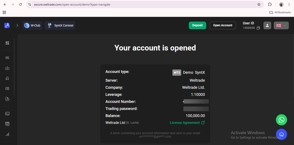 Screenshot of a trading platform showing a Weltrade account setup successfully completed, with details like account type, server, leverage, SyntX MT5 login credentials, account number (blurred), trading password, and a balance of 100,000.00 USD.