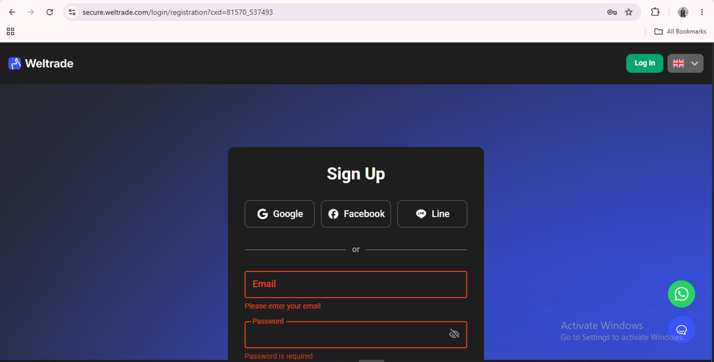 A registration page for Weltrade with sign-up options using Google, Facebook, or Line. Email and password fields are shown in red due to input errors during your Weltrade account setup. A WhatsApp icon appears in the bottom right corner.