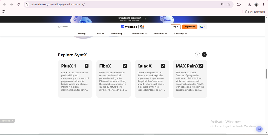 Webpage showing “Explore SyntX” with four trading tools: PlusX 1, FiboX, QuadX, and MAX PainX. Each card highlights how Weltrade SyntX instruments utilize algorithm-based trading strategies to empower users. A concise description is included for each tool in a modern card layout. Website header and navigation menu are visible at the top, inviting traders to learn more.