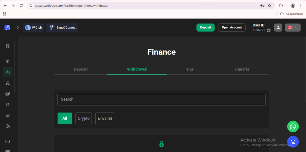 Website dashboard showing ‘Finance’ with options: Deposit, Withdrawal, P2P, and Transfer. Search bar and tabs for All, Crypto, and Ewallet are visible. User ID, Deposit, and Open Account buttons are at the top. Effortlessly manage your Weltrade deposit and withdrawal through a range of convenient funding options directly from the dashboard.