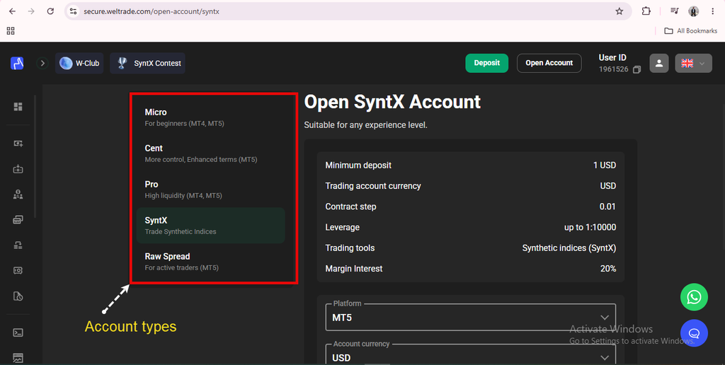 Screenshot of a trading platform’s account setup page showing different account types: Micro, Cent, Pro, SyntX, and Weltrade Raw Spread SyntX, each with its own features. The account types are highlighted in a red box to help users easily compare options and choose the right Weltrade account for their needs.