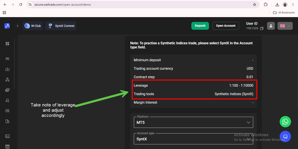 Screenshot of a trading platform showing leverage options and trading tools, including Weltrade SyntX instruments. A green arrow highlights leverage, with a note to take note of leverage and adjust accordingly when trading synthetic indices on Weltrade. Various trading settings are displayed, supporting algorithm-based trading for precision and flexibility.