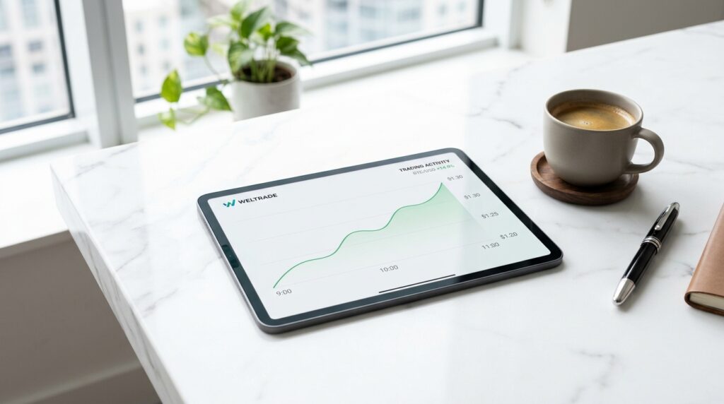 A tablet displaying a rising earnings graph sits on a white marble table next to a cup of coffee, a saucer, and a potted plant by a window—capturing the spirit of financial growth highlighted in our Weltrade Broker Full Review.