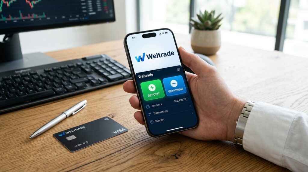 A person holds a smartphone displaying the Weltrade app with weltrade deposit and withdrawal options, next to a Weltrade Visa card, a keyboard, and a monitor on a wooden desk.
