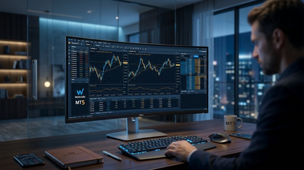 A man sits at a desk in a modern office at night, analyzing financial charts on a wide monitor using the weltrade MT5 platform. The desk has a keyboard, mouse, notebook, smartphone, and a coffee mug labeled “MT5.” City lights are visible outside.