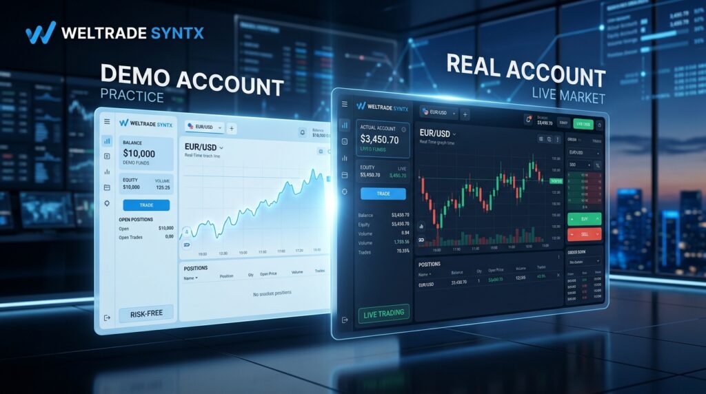 Two digital screens compare Weltrade SyntX Demo vs Real account, showing graphs and trading data. The demo is labeled “Practice,” while the real account is labeled “Live Market,” both set against a cityscape background.