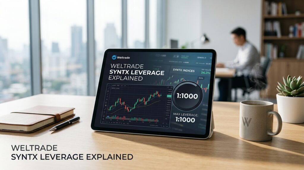 A tablet displaying trading charts and the text “WELTRADE SYNTX LEVERAGE EXPLAINED” sits on a desk in an office, with a person working in the background, highlighting how Weltrade Syntx leverage explained can help traders understand risk and maximize potential returns.